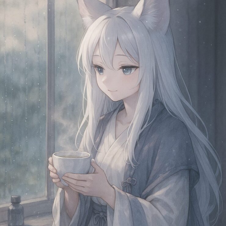 A close-up of a serene fox-eared girl in a gray robe, holding a tea cup beside a rainy window.