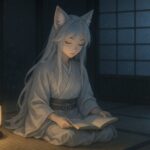 A serene fox-eared girl sits gracefully on a tatami mat, reading a book under moonlight in a quiet traditional Japanese room.