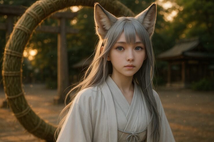 夏越の祓の神社で茅の輪をくぐる狐耳の少女セン、幻想的な夕暮れシーン