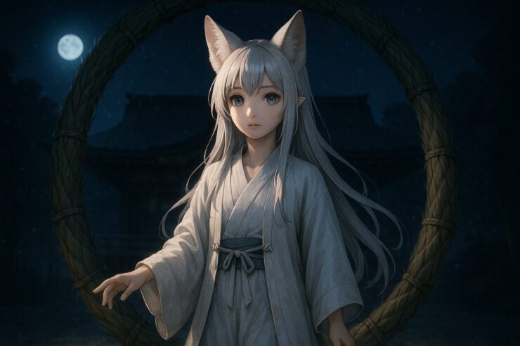 満月の夜、神社の茅の輪前に立つ狐耳の少女セン、幻想的で静かな雰囲気