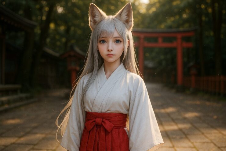 巫女装束の狐耳の少女センが神社境内に立つ静かなシーン