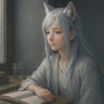 窓辺に座り、静かに本を見つめる狐耳の少女。月白のローブを纏い、曇り空の下で静謐に佇む｜A fox-eared girl in a moon-white robe sits by a window, gazing thoughtfully at an open book under a cloudy sky